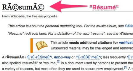 Resumé Wikipedia article rendered in the wrong encoding